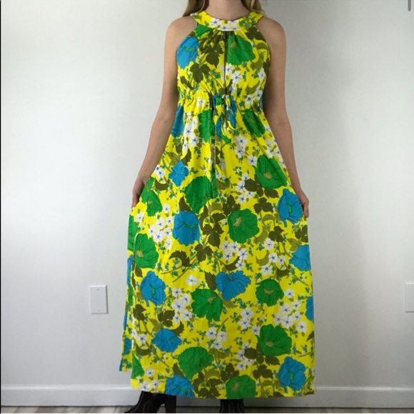 VINTAGE 60’s Retro Psychedelic Floral Maxi Dress - Picture 2 of 16